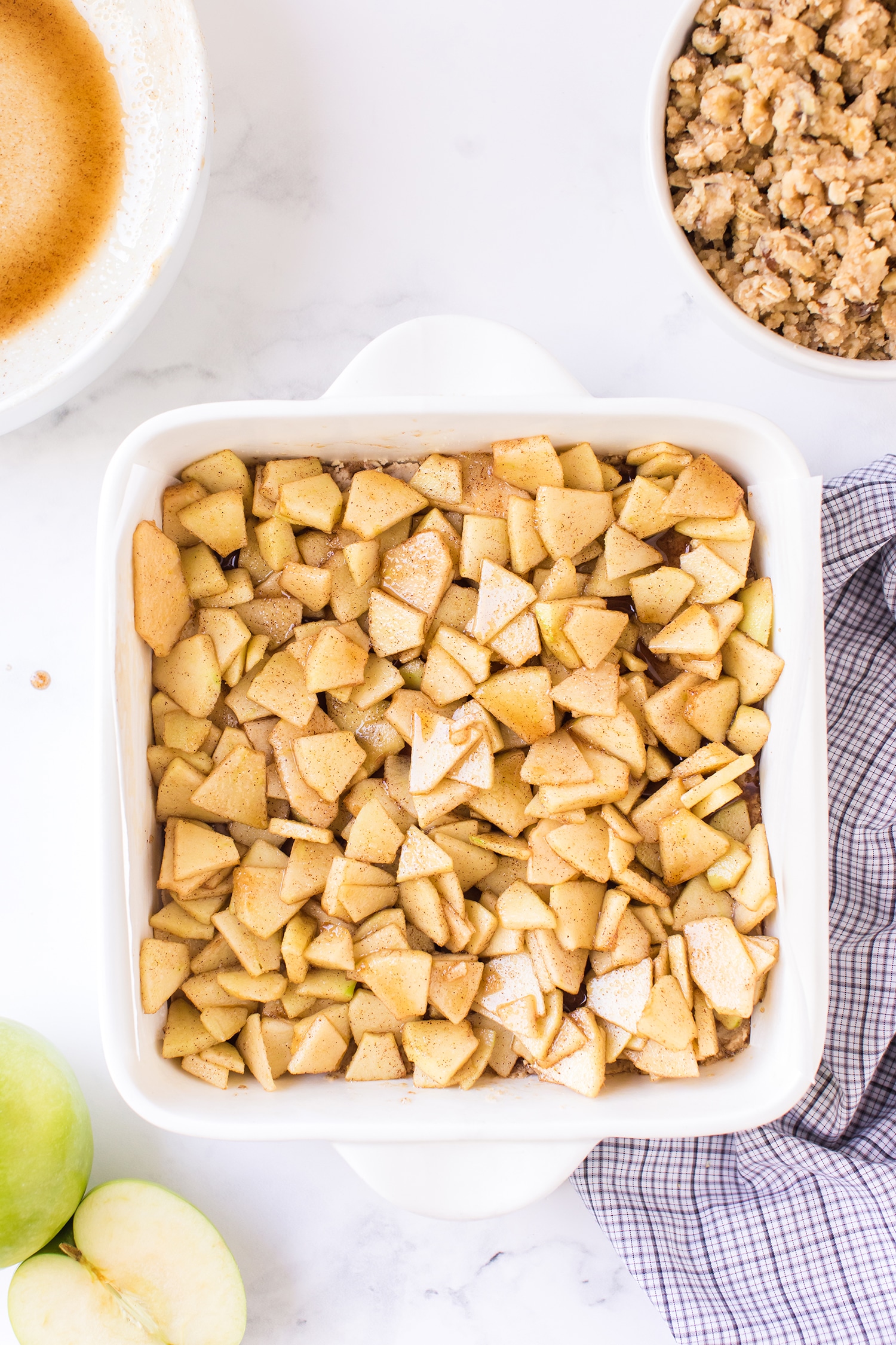 Apple Pie Bar Filling in White Baking Dish