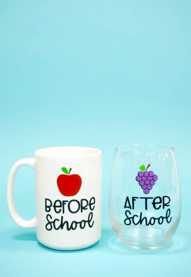 "Before School" white coffee mug and "After School" stemless wine glass on light blue background