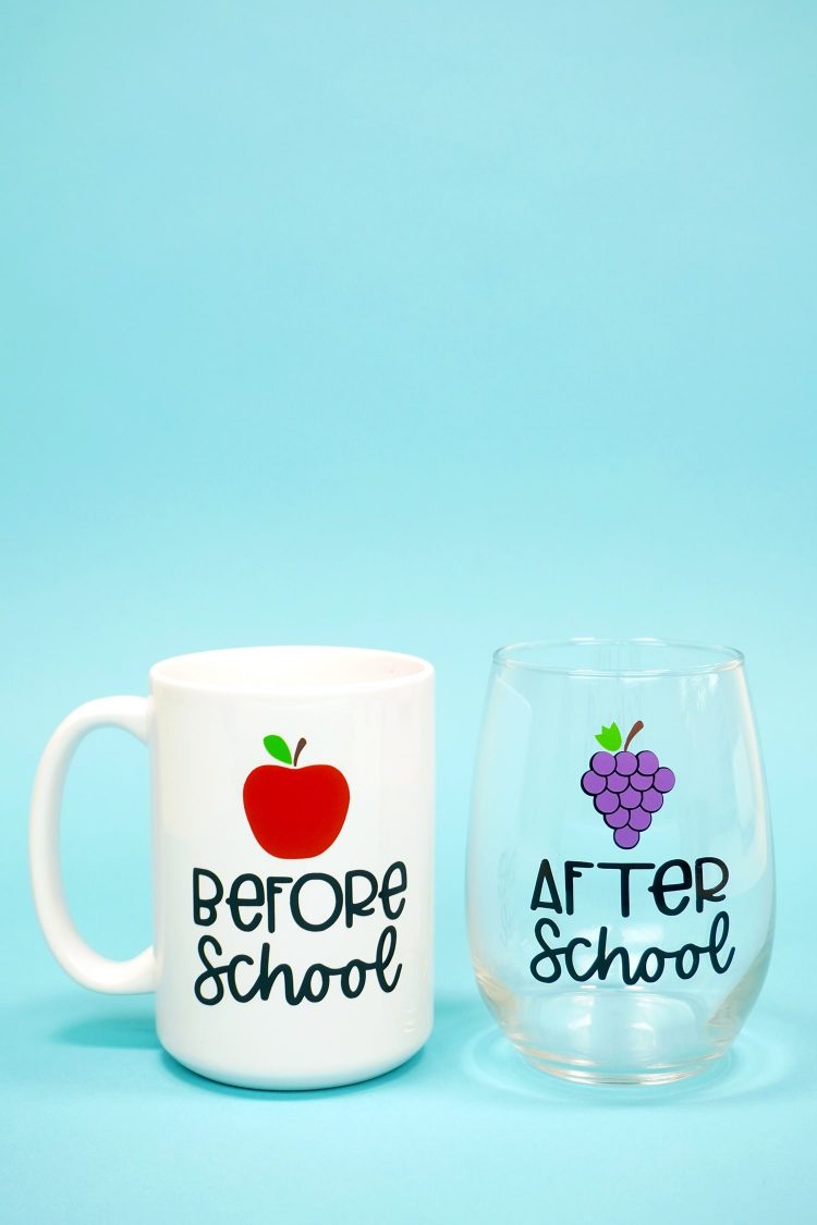 "Before School" white coffee mug and "After School" stemless wine glass on light blue background