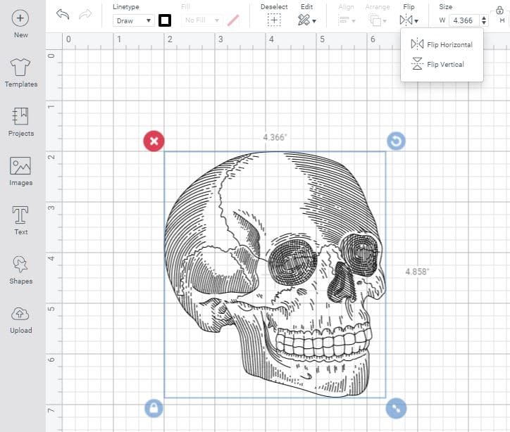 skull svg file in cricut design space being flipped