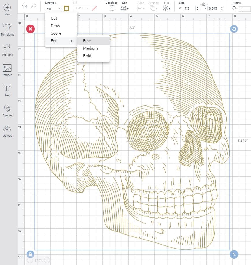 skull enlarged in cricut design space selecting foil line type