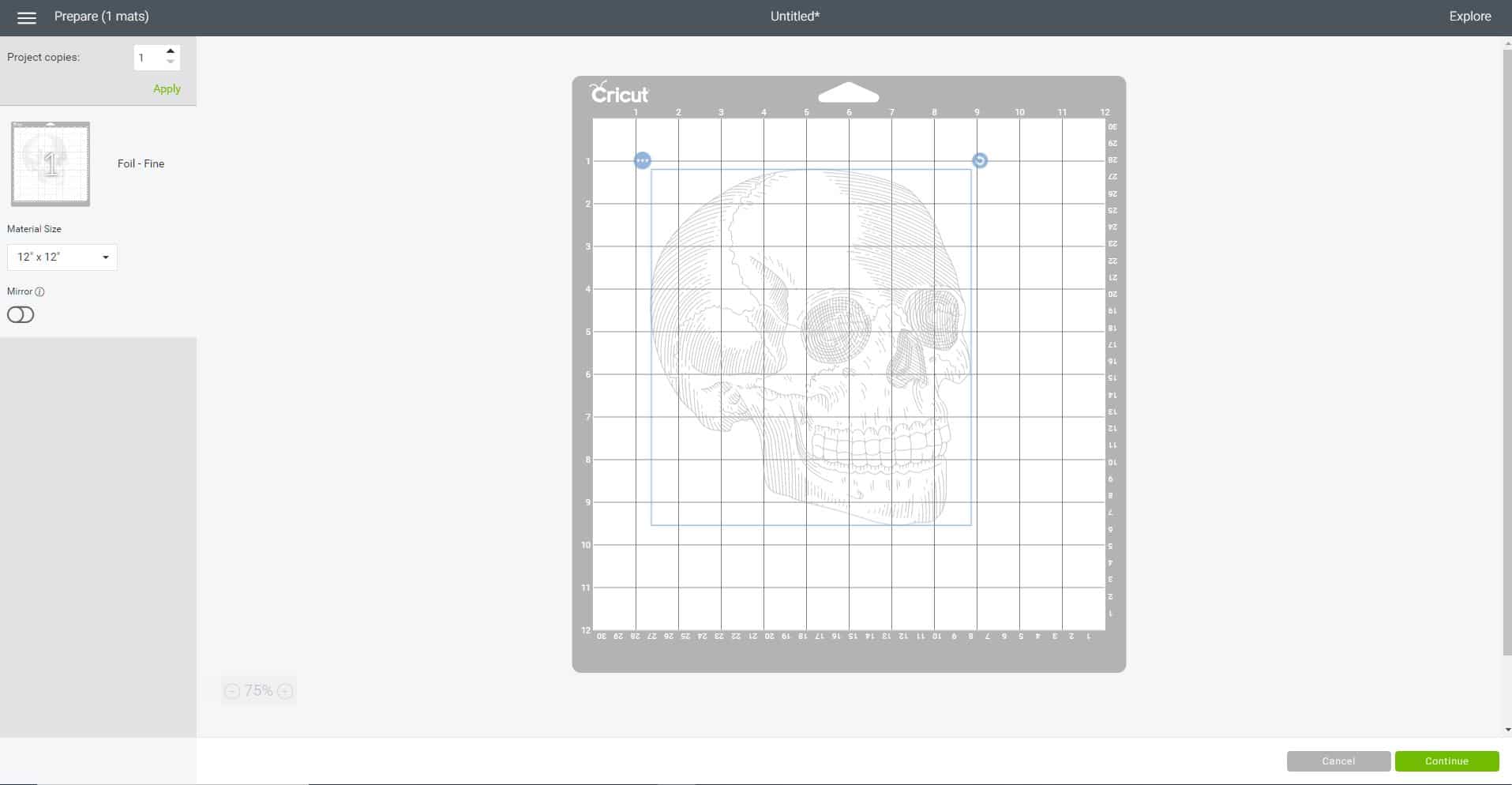 preview of skull on cutting mat in cricut design space