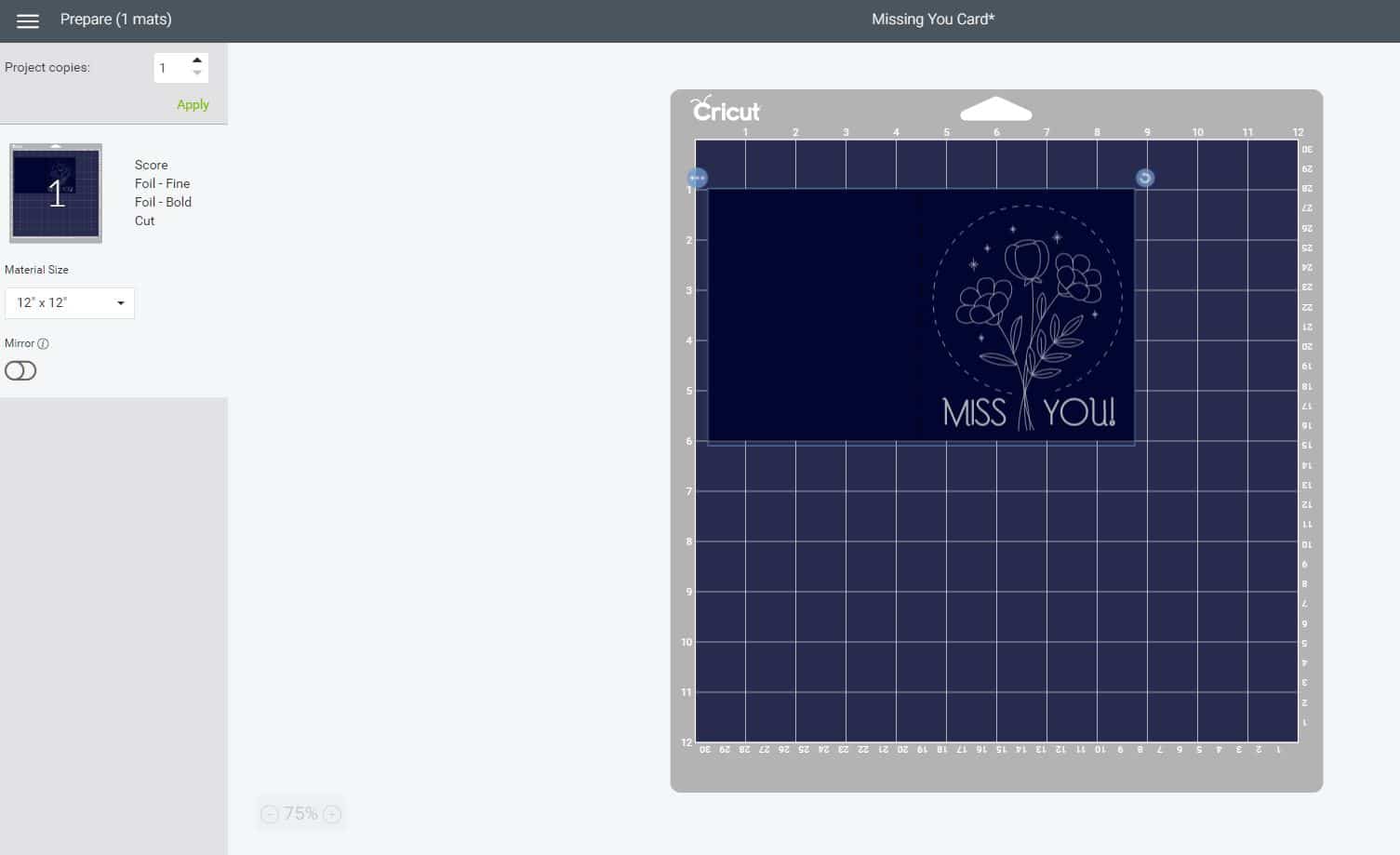 cricut design space miss you preview on mat