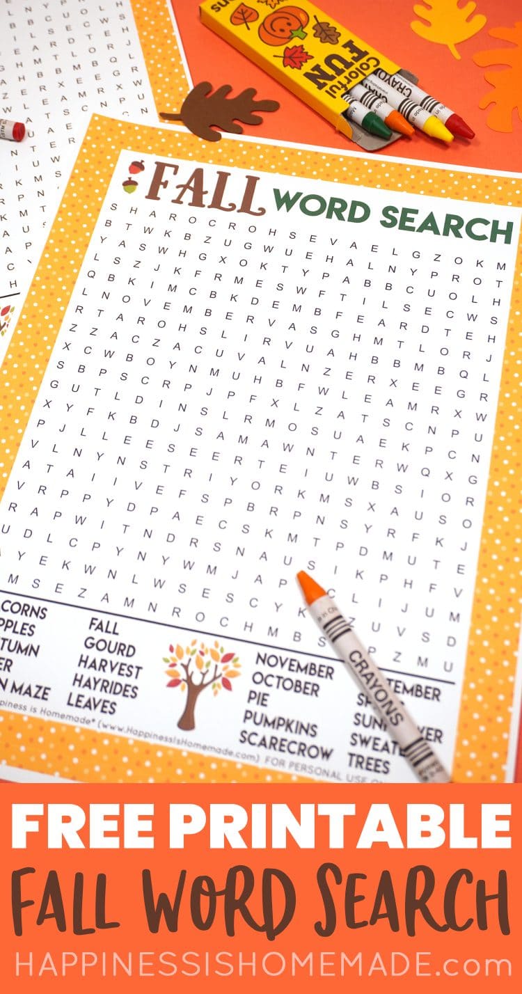 printable fall word search with crayons