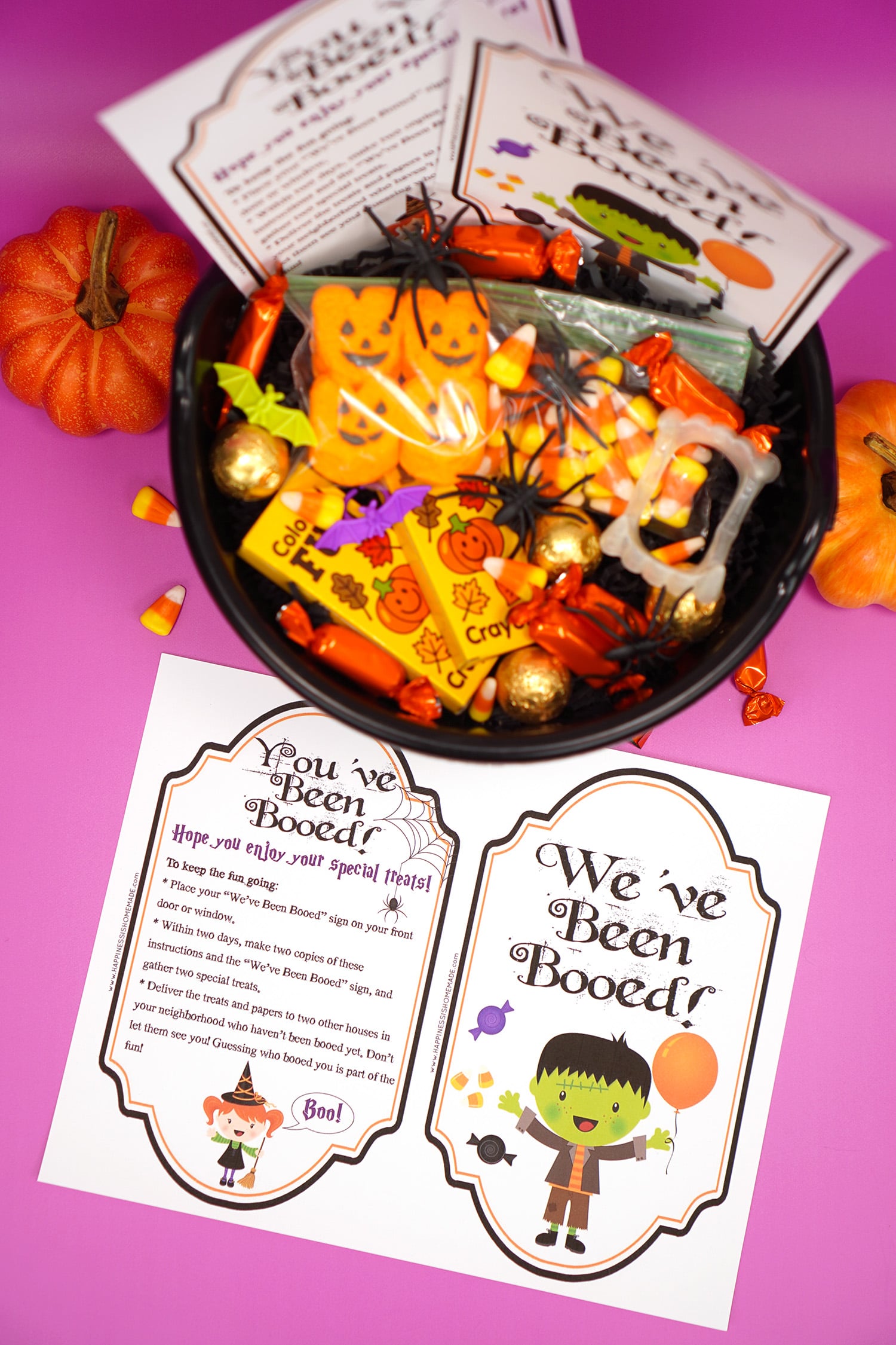 Boo Basket filled with Hallowen candy and novelty toys with "You've Been Booed"and " We've Been Booed" printable signs on purple background
