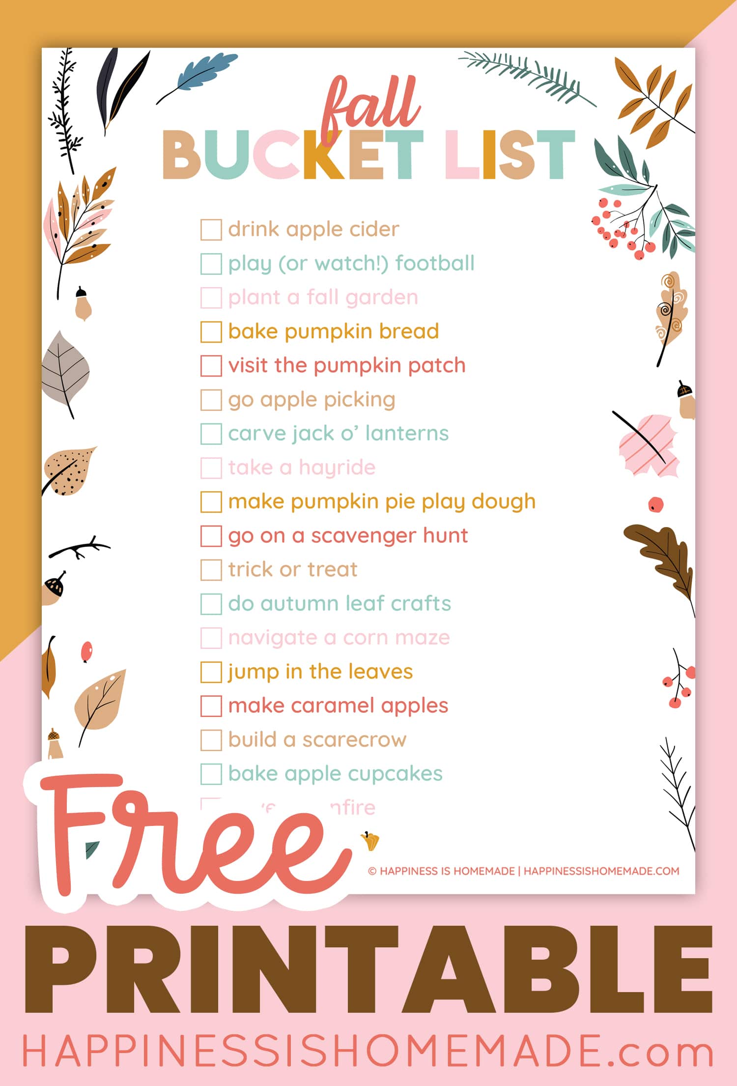 free fall bucket list printable sheet