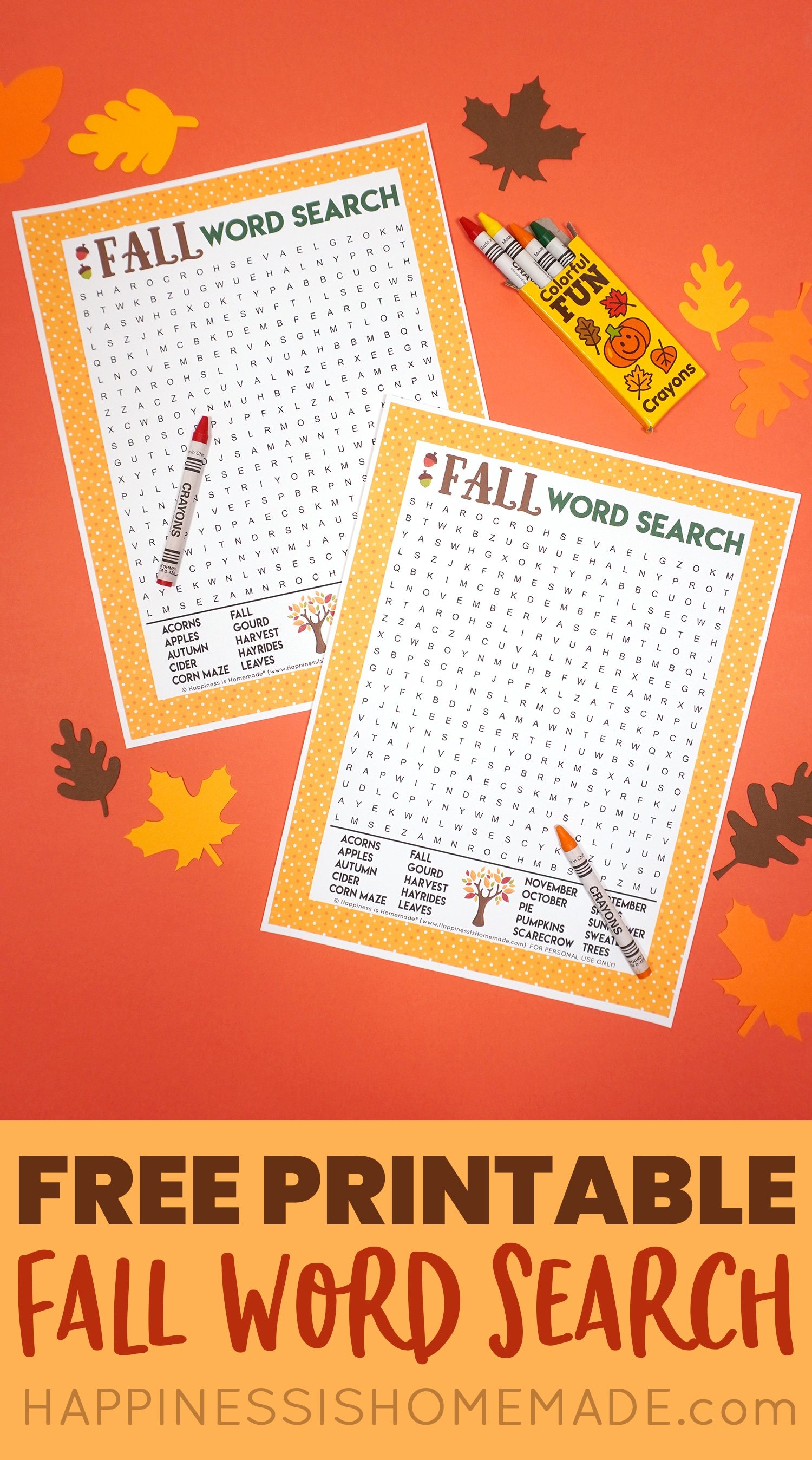 Fall Word Search Printable on dark orange background with orange and red crayons surrounded by paper leaves