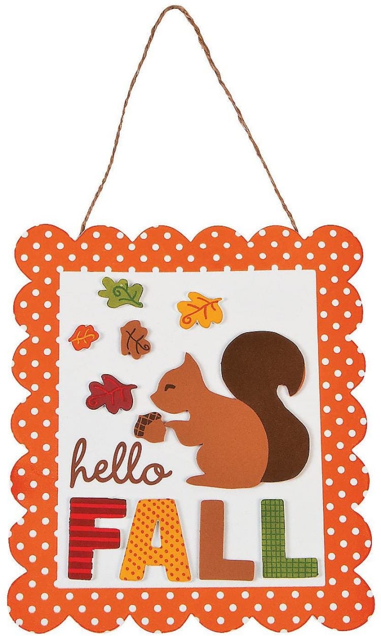 hello fall sign with squirrel