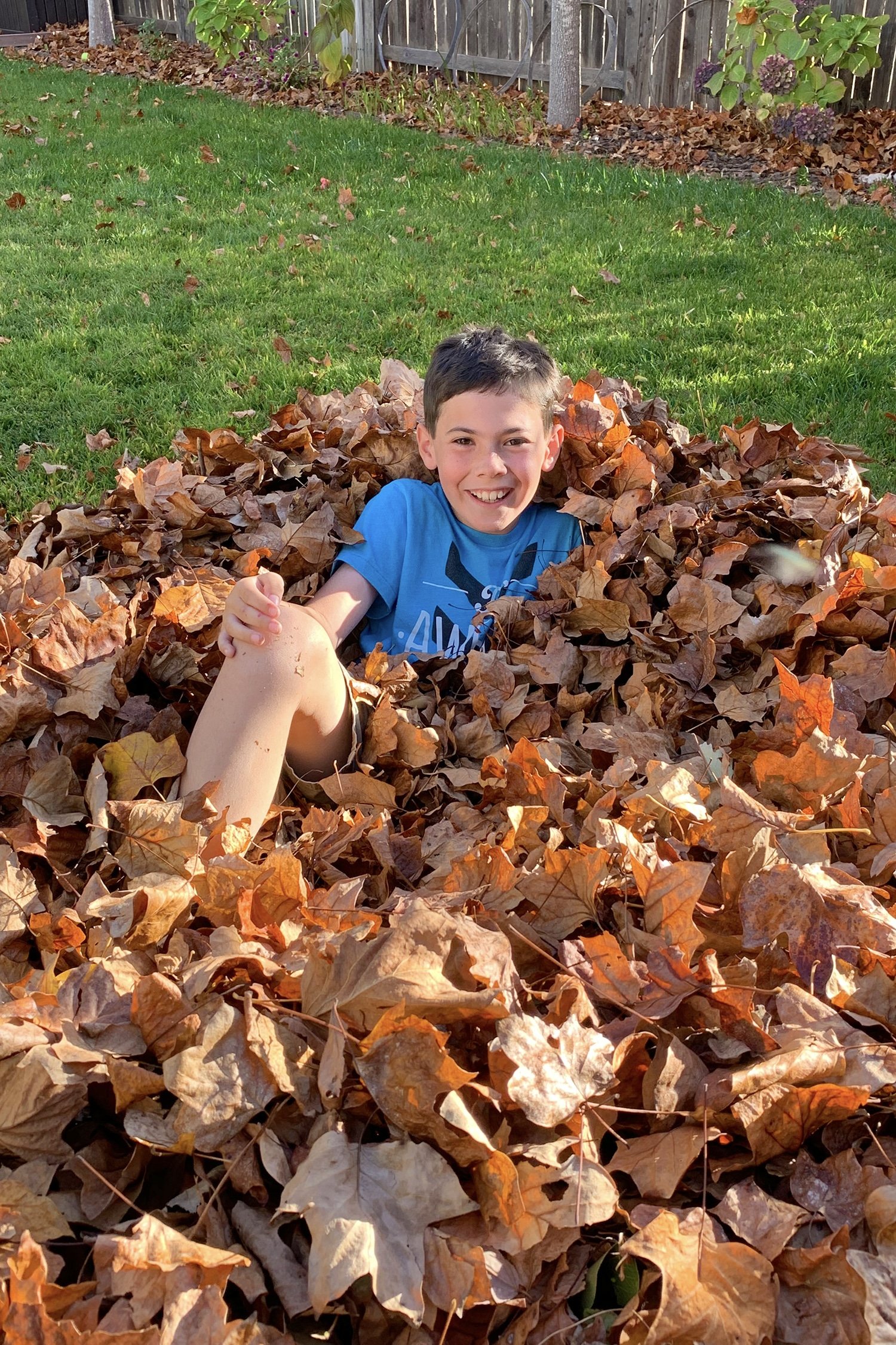 child smiling in pile of fallen leaves