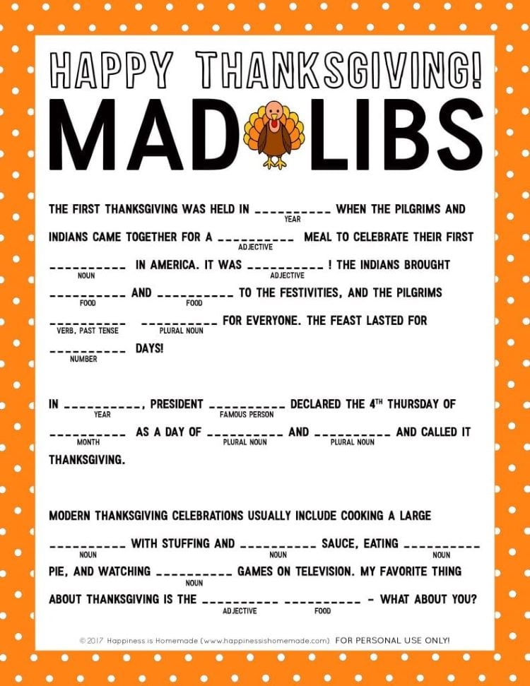 Thanksgiving Mad Libs Printable Game Happiness is Homemade