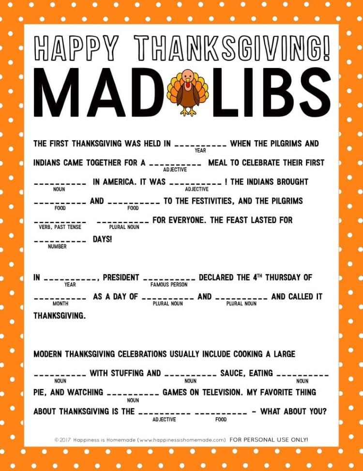 Thanksgiving Mad Libs Printable Game - Happiness is Homemade