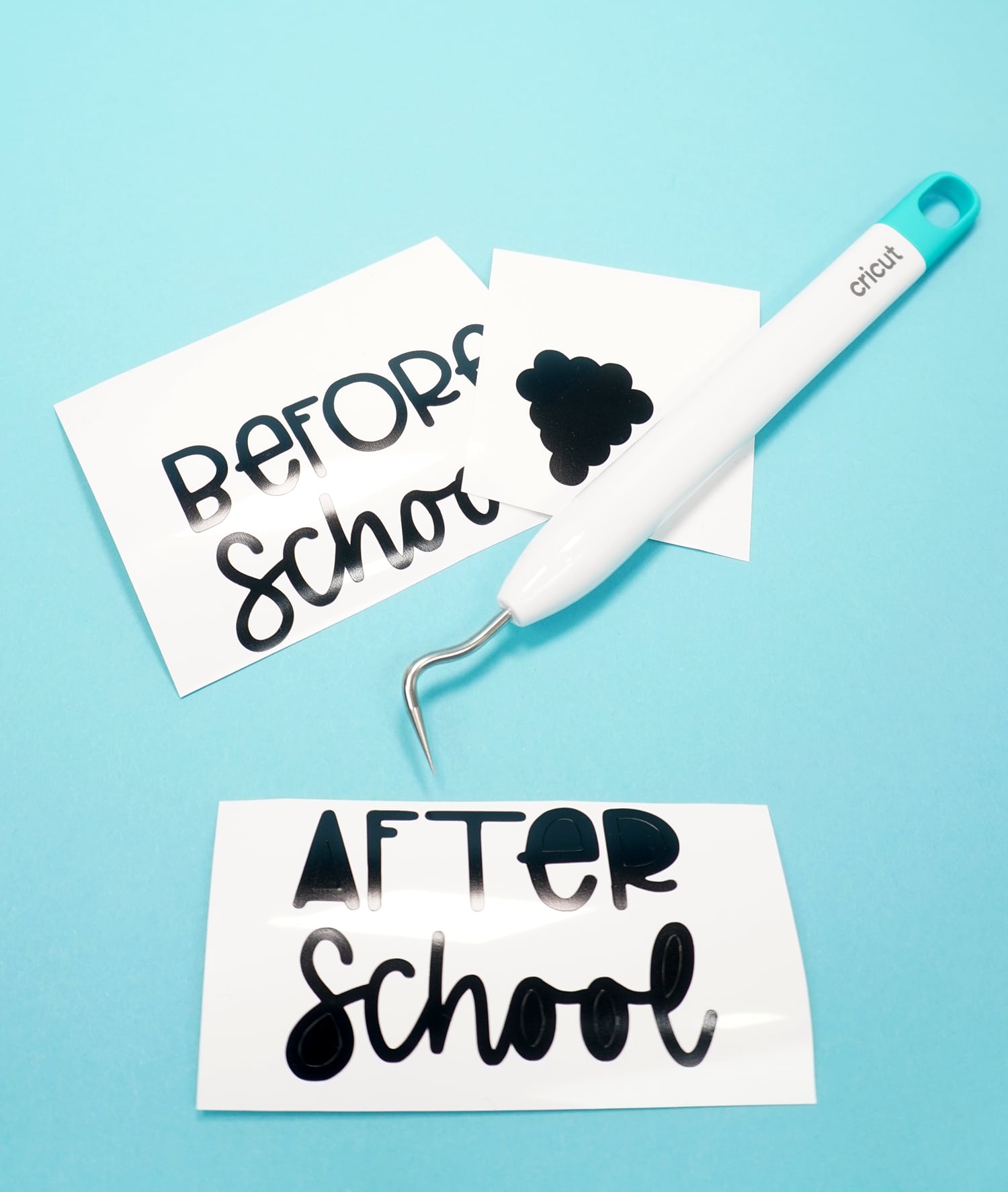 "Before School" and "After School" vinyl with Cricut weeding tool on blue background