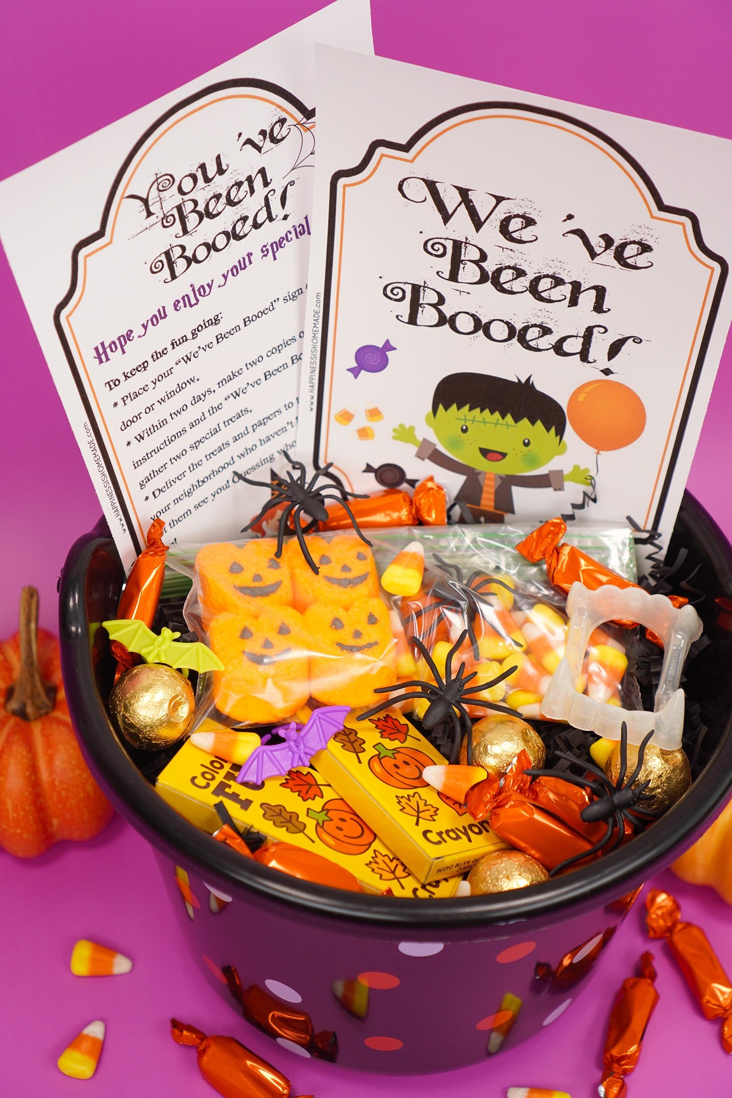Boo Basket filled with Hallowen candy and novelty toys with \"You\'ve Been Booed\"and \" We\'ve Been Booed\" printable signs on purple background