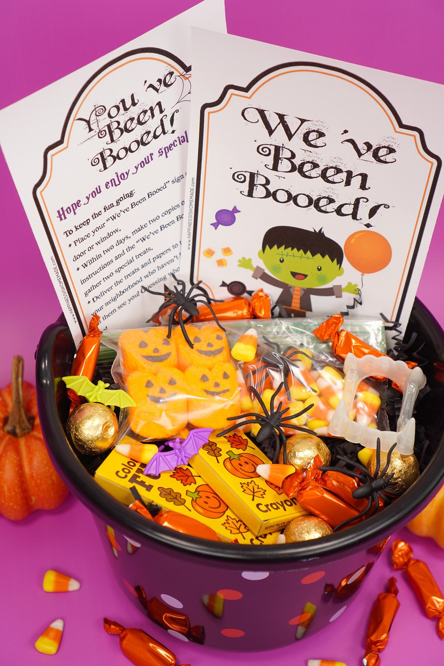Boo Basket filled with Hallowen candy and novelty toys with "You've Been Booed"and " We've Been Booed" printable signs on purple background