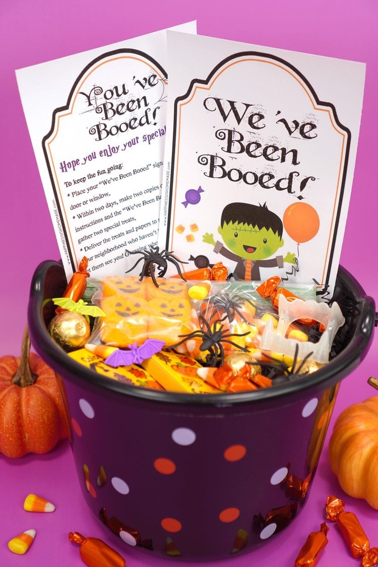 Boo Basket filled with Hallowen candy and novelty toys with "You've Been Booed"and " We've Been Booed" printable signs on purple background with pumpkins