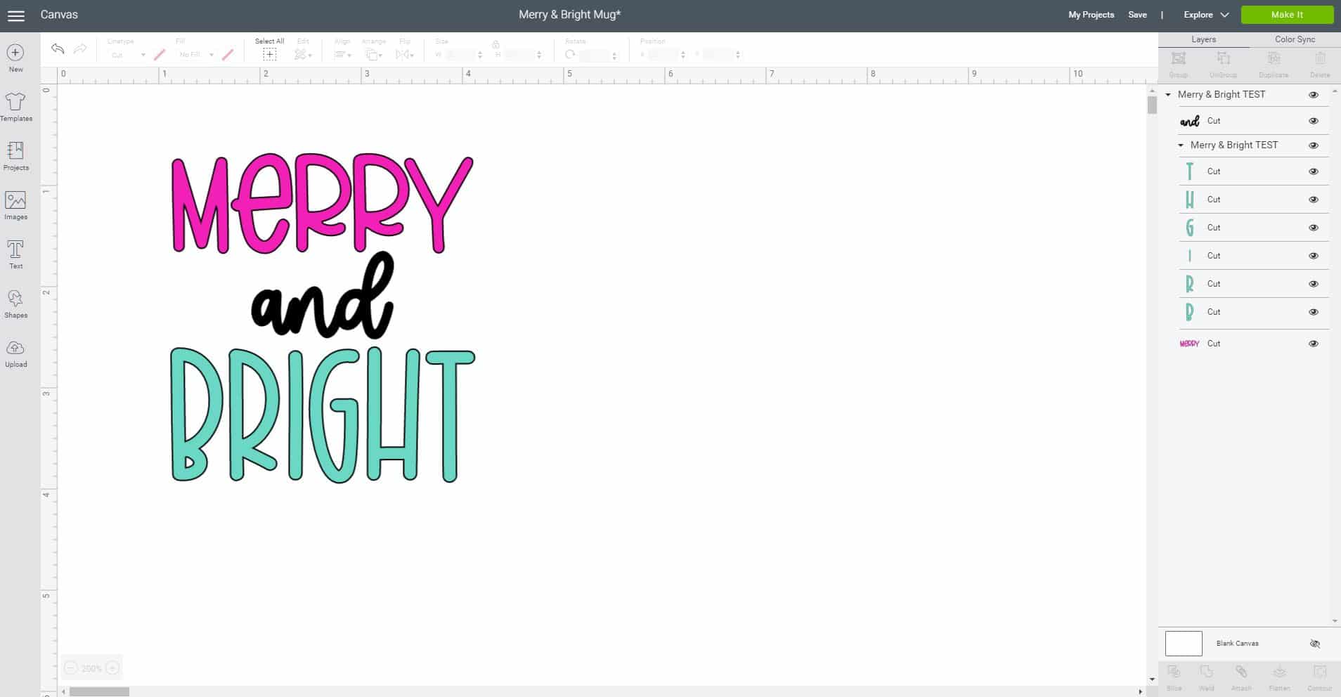 merry and bright svg file in cricut design space with color changing