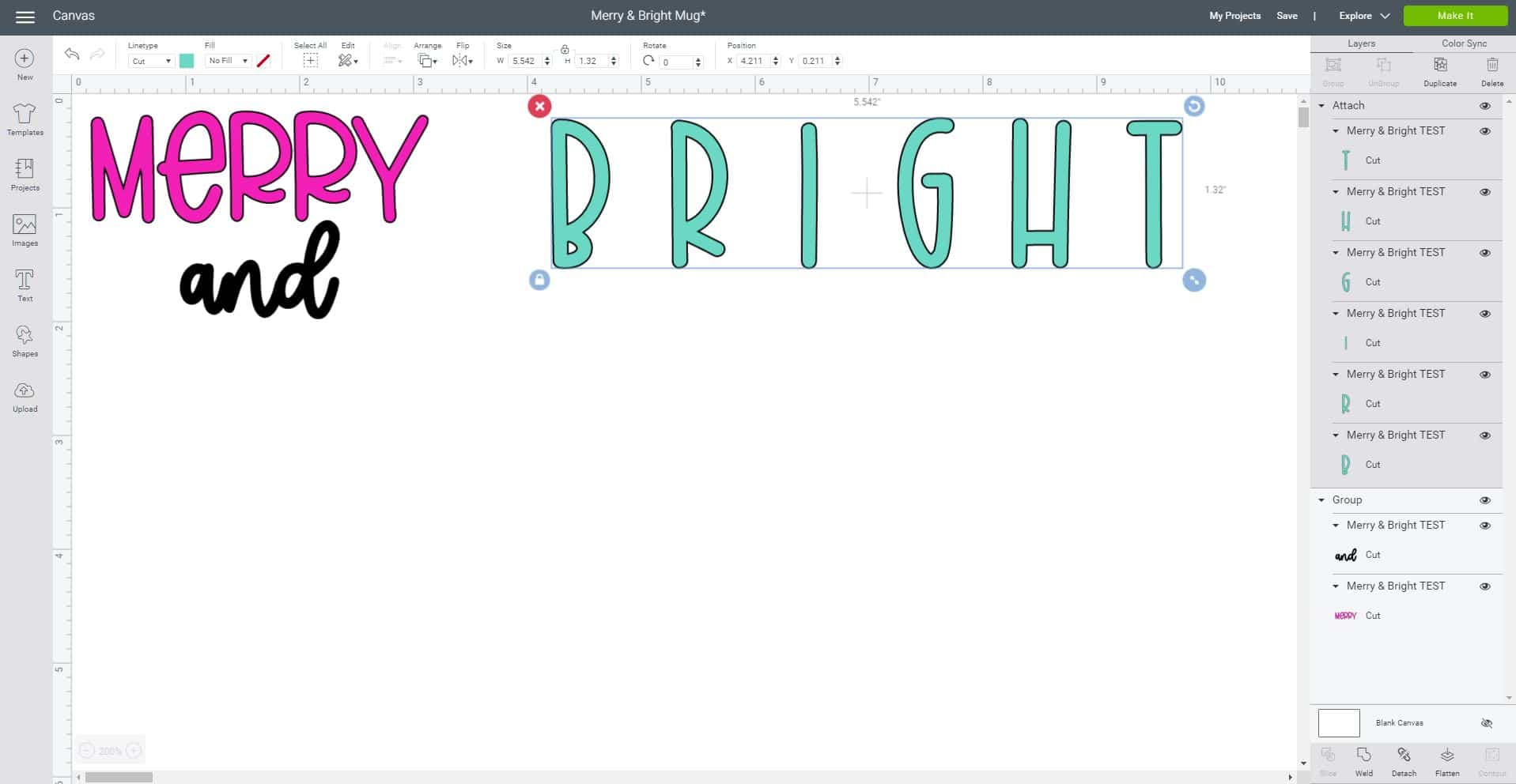 merry and bright spread out in cricut design space