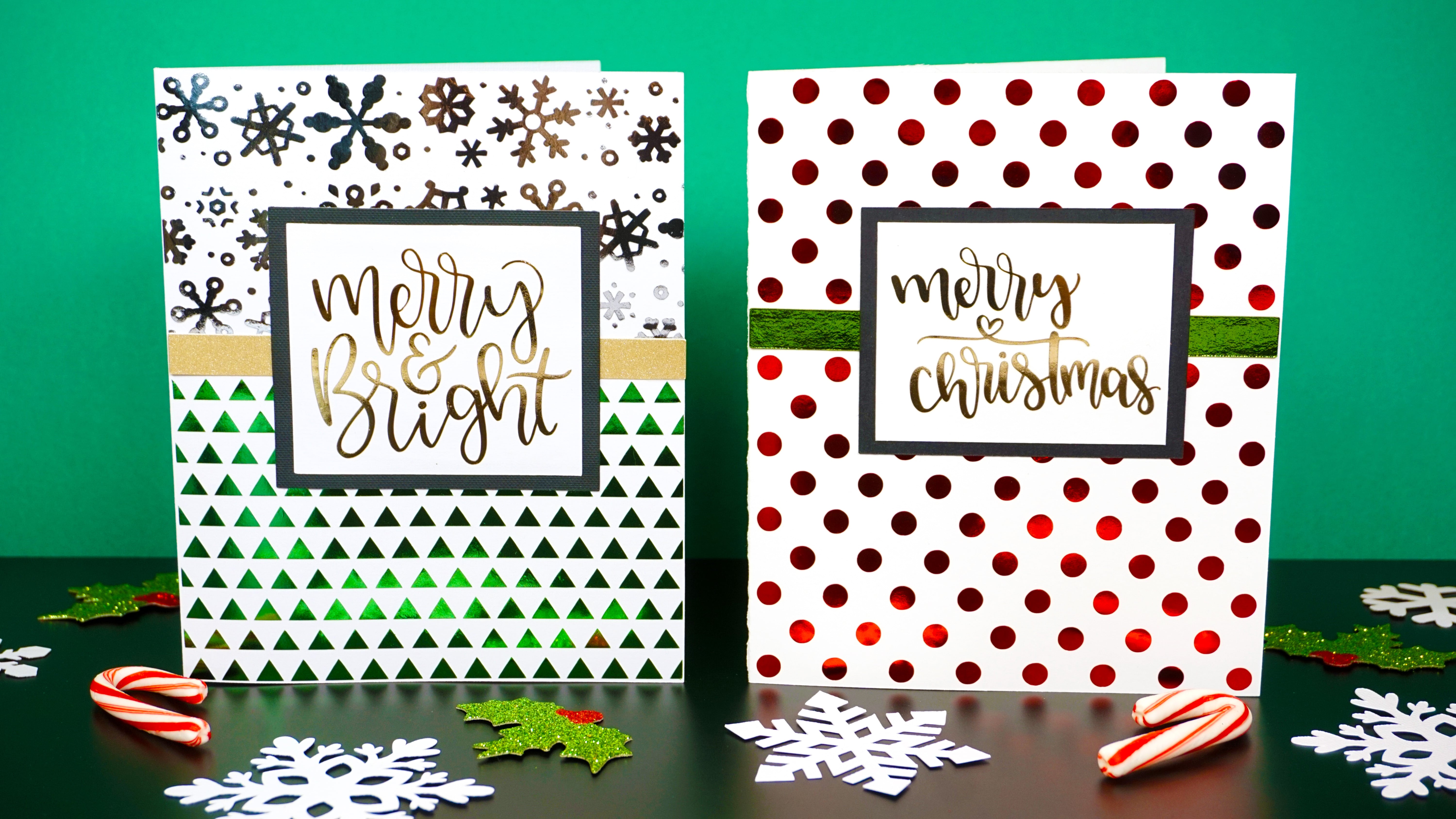 Red, green, and gold foil Christmas cards made with Cricut foil iron-on