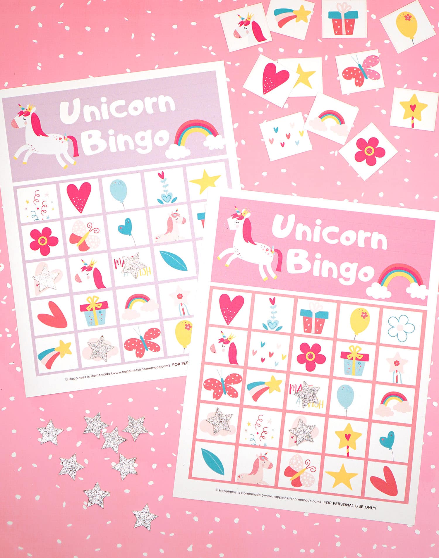 Printable Unicorn Bingo Game Cards on pink background with silver star markers and calling cards