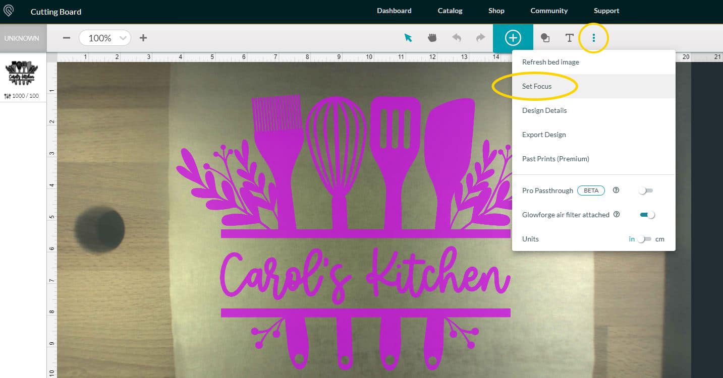 chefs kitchen svg file in glowforge app software, adjusting setting focus