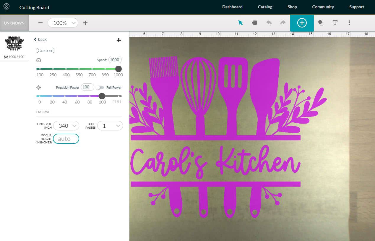 chefs kitchen svg file in glowforge app software, adjusting settings