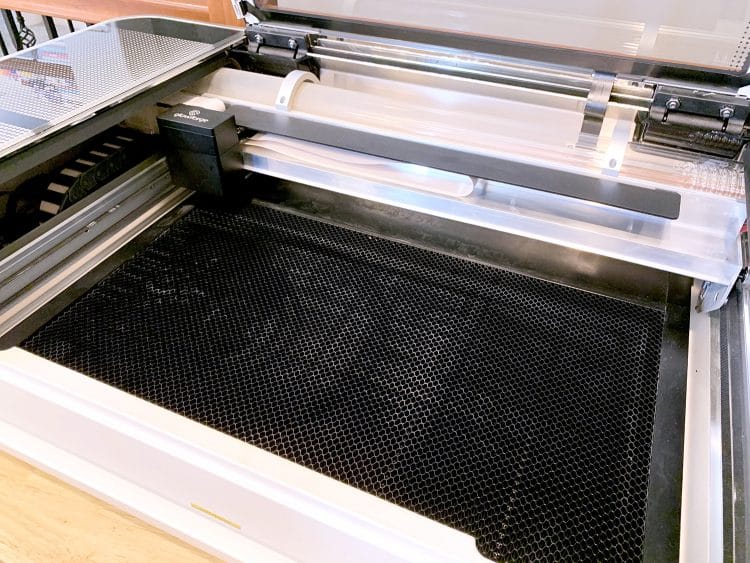 Open Glowforge Pro machine and close up of Crumb Tray