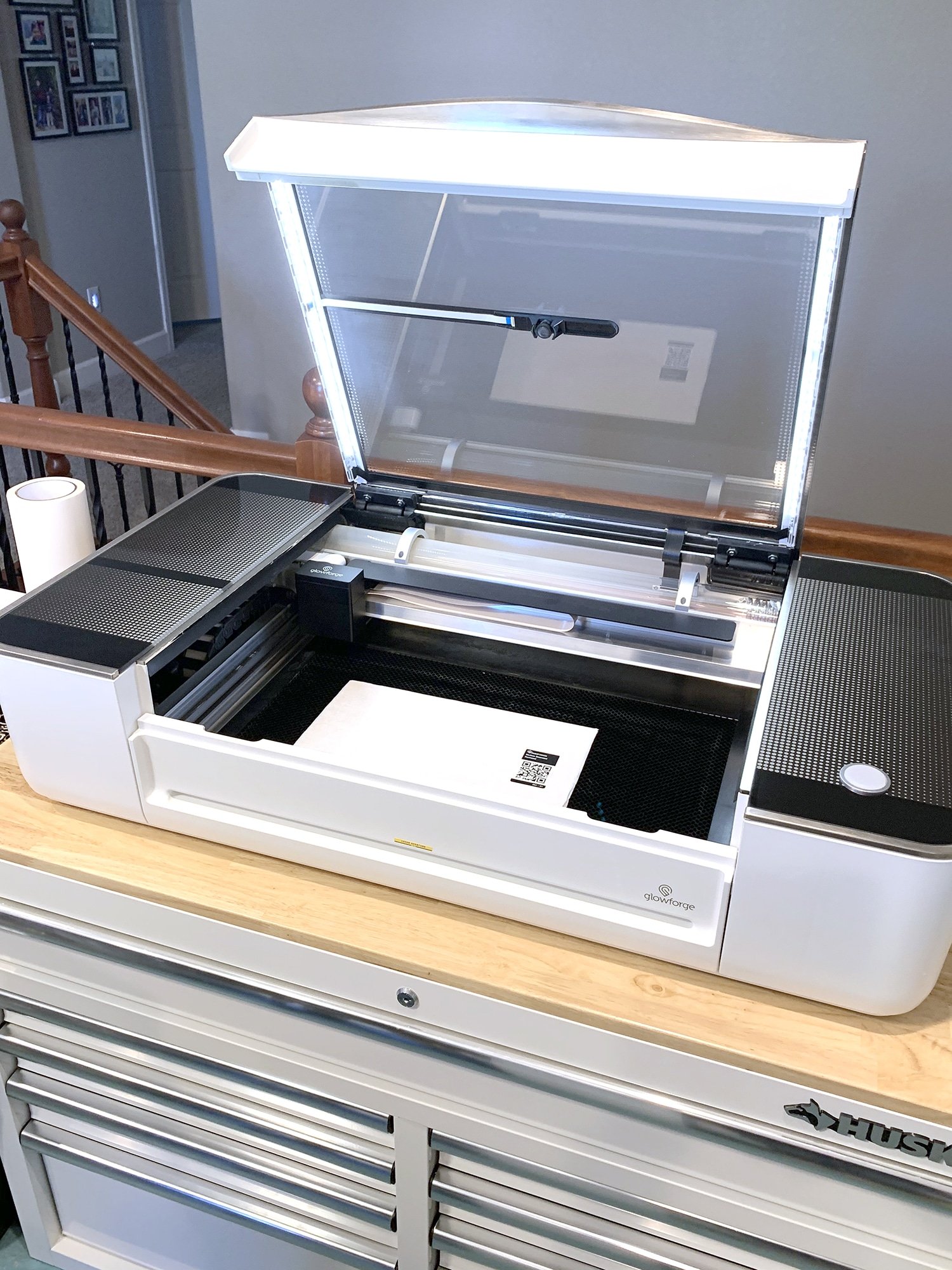 Glowforge on White Tool Chest with Hardwood Proofgrade Material