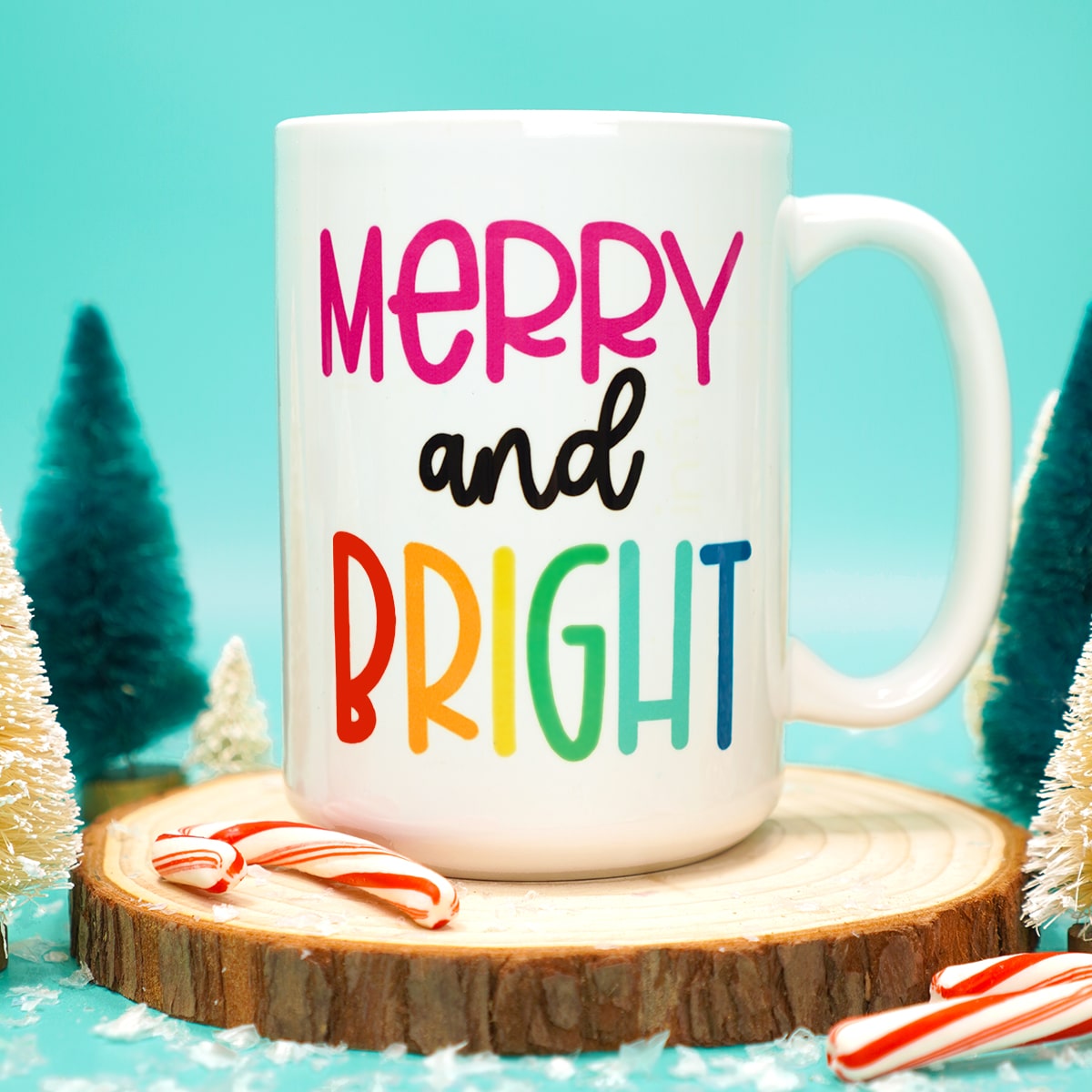 merry and bright svg file on mug with christmas decor