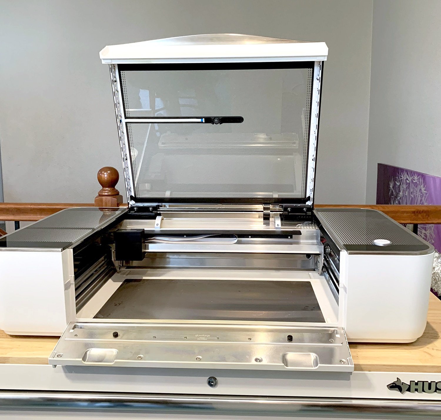 Open Glowforge Pro machine with Crumb Tray Removed