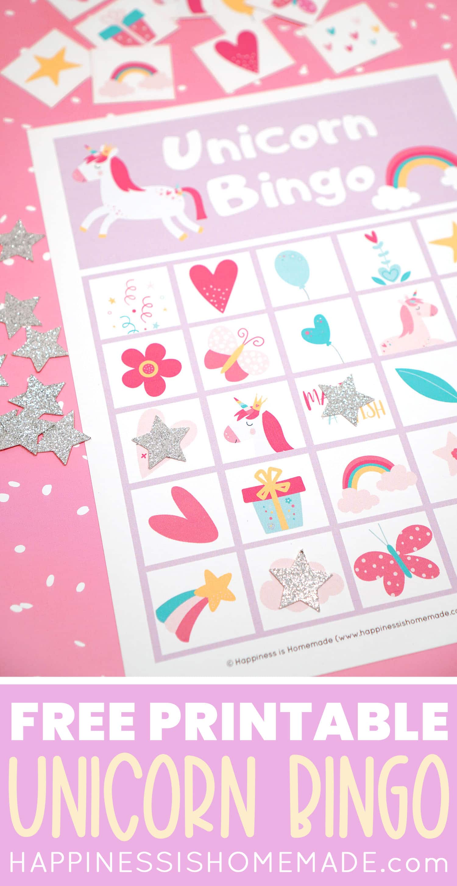 free printable unicorn bingo game with markers