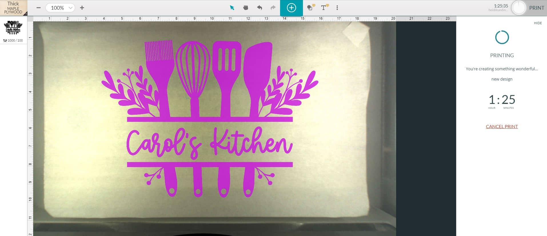 Screenshot of Glowforge App Software and Cutting Board Design