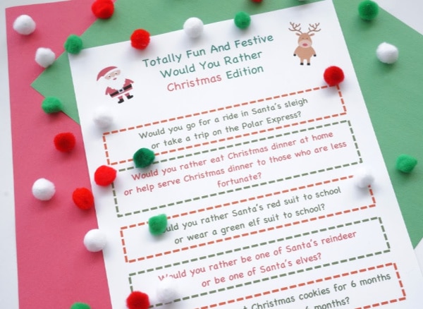 christmas themed would you rather printable game 