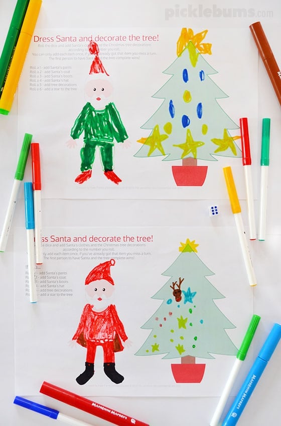 roll and color christmas game with pens