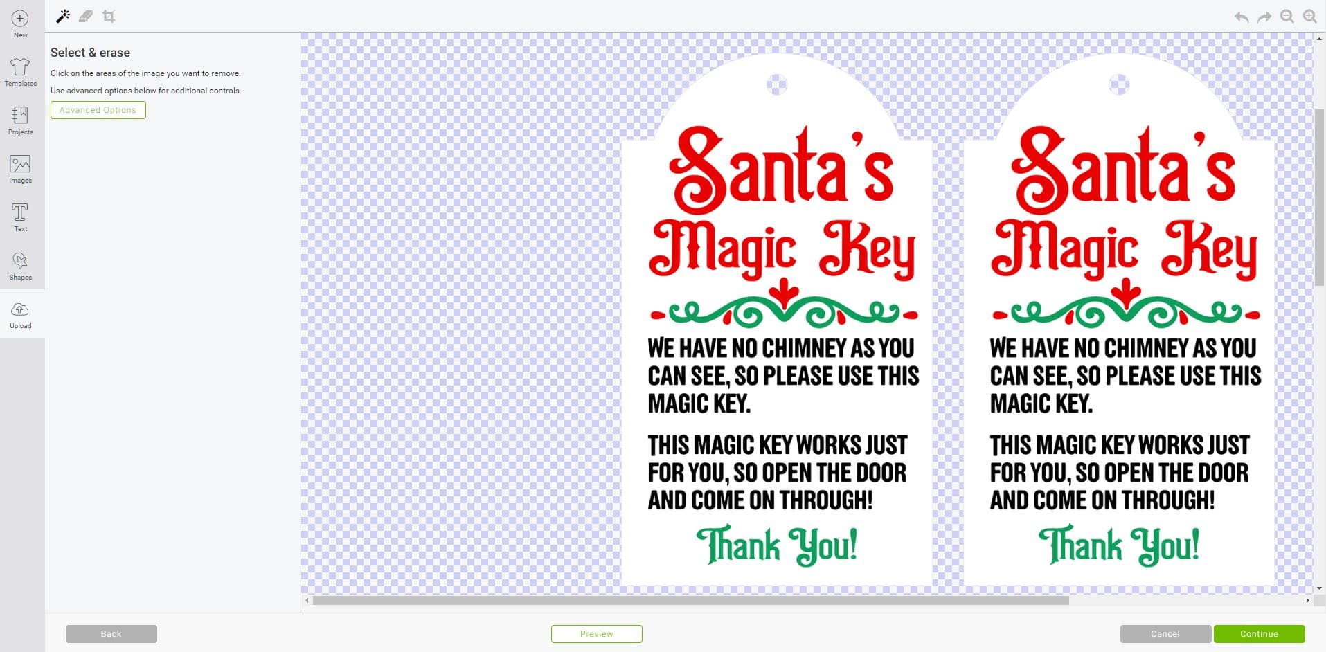 Cricut Design Space software screenshot showing Santa's Magic Key printables being saved with a transparent background