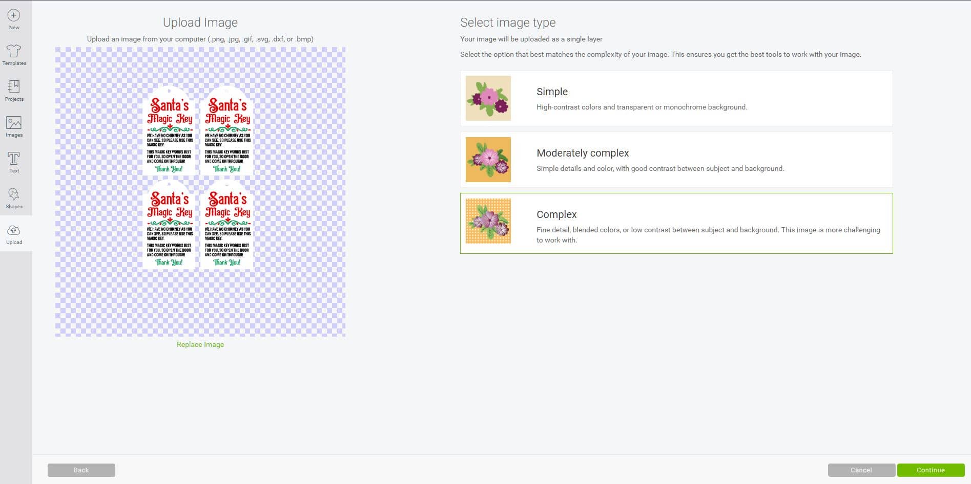 Cricut Design Space software screenshot showing the process of uploading the Santa's Magic Key printable tags file