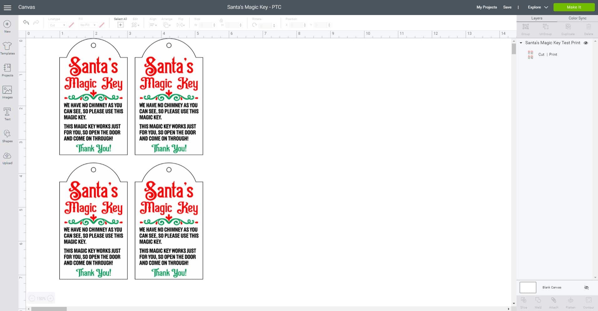 Cricut Design Space software screenshot with Santa's Magic Key Print Then Cut design