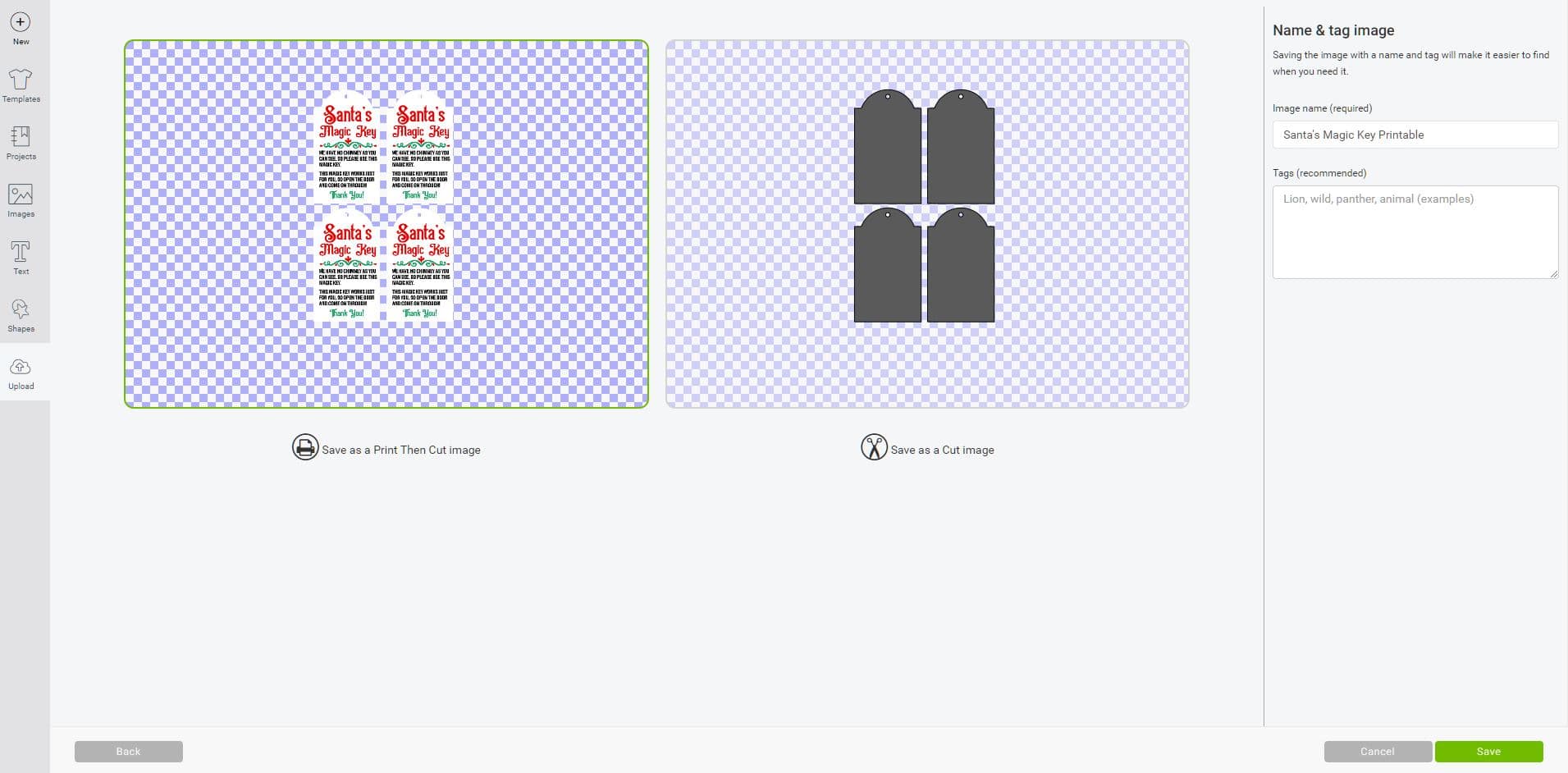 Cricut Design Space software screenshot of tags being saved as a Print Then Cut image