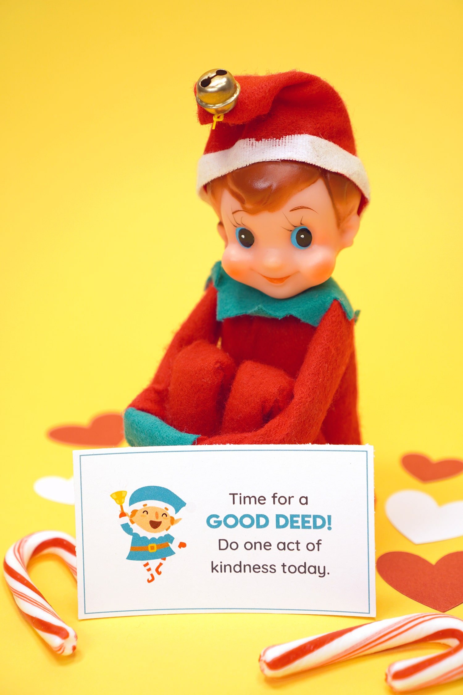 Vintage Elf on the Shelf with printed "Time for a Good Deed" Note Card on yellow background