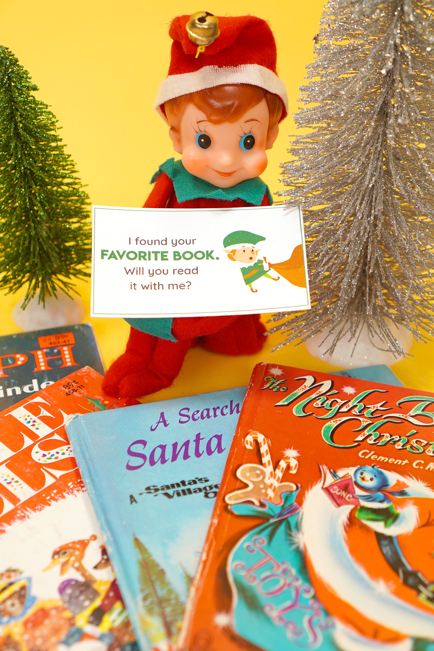 Vintage Elf on the Shelf with Vintage Christmas books, glitter sisal trees, and printable Elf on the Shelf note card