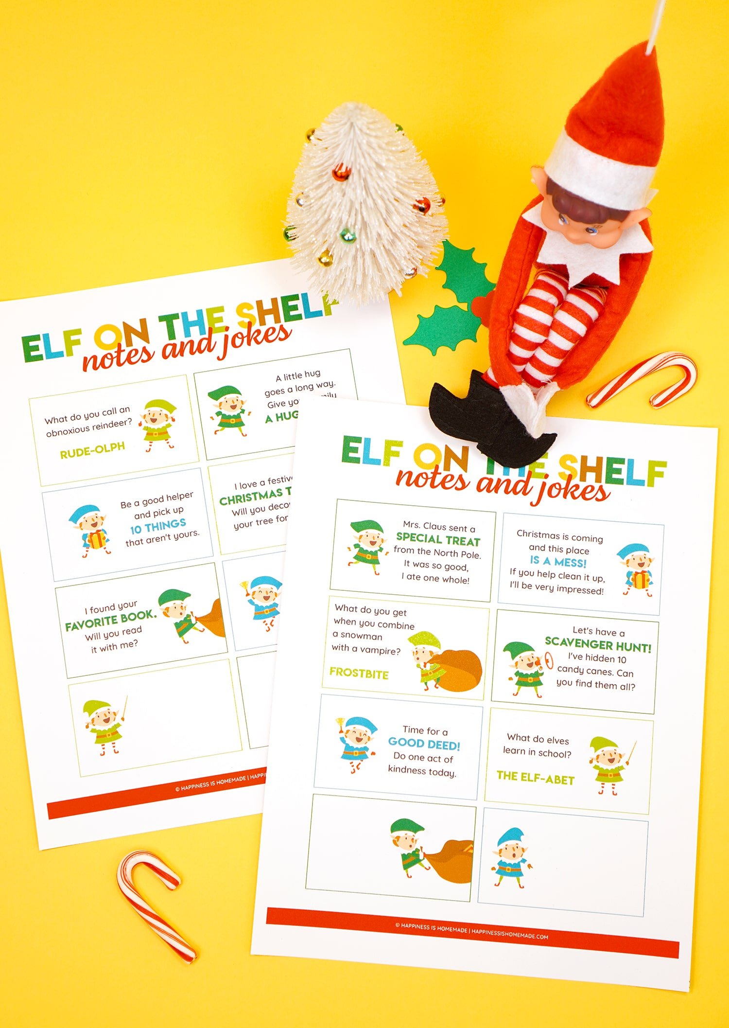 Elf doll on a yellow background with printed Elf on the Shelf note and joke card printable sheets around him and candy canes and Christmas decorations in the background.