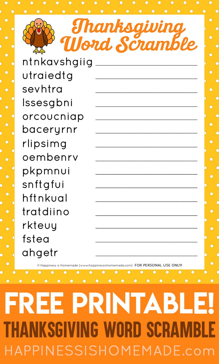 free printable thanksgiving word scramble puzzle