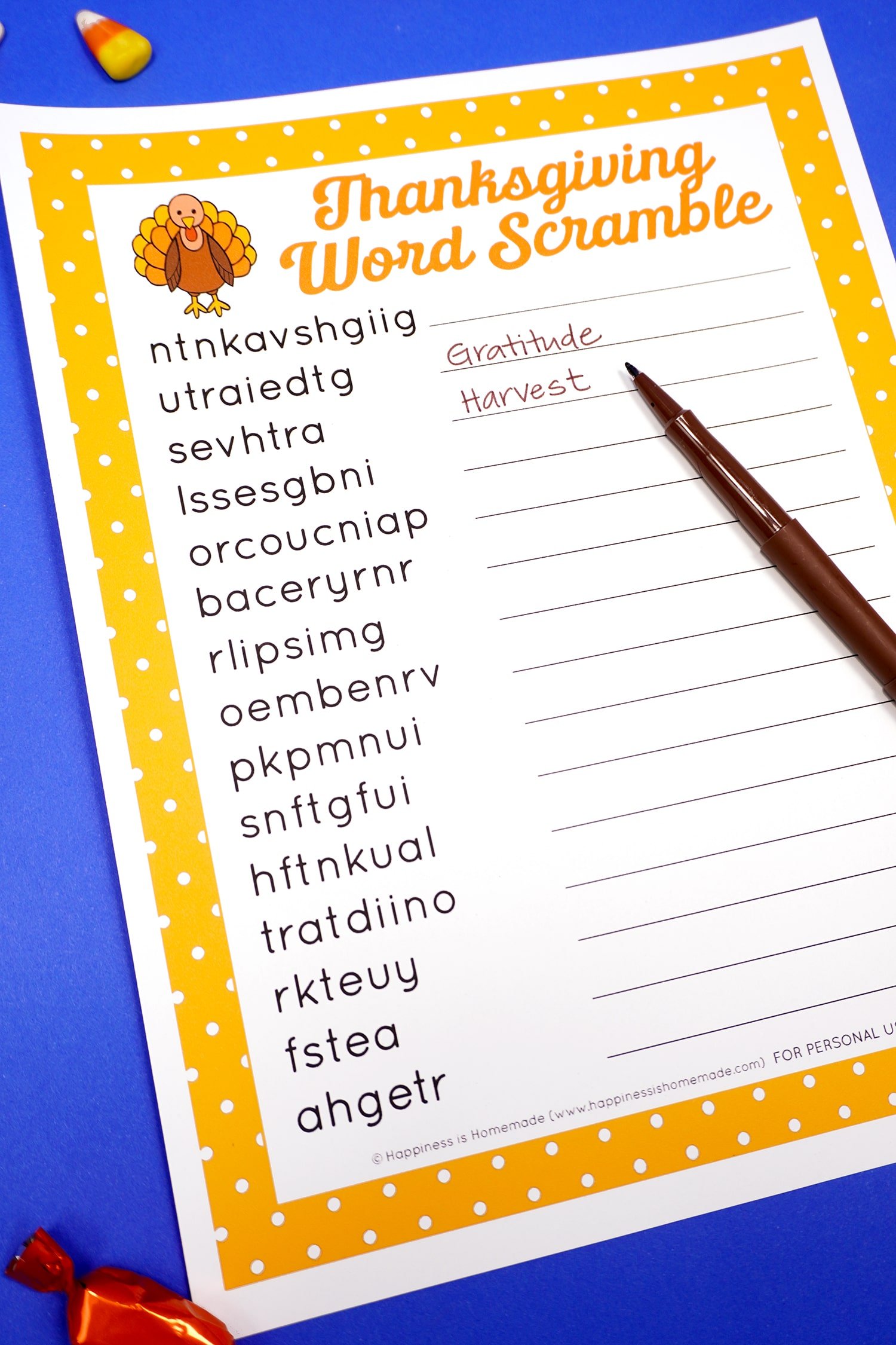 Printable Thanksgiving Word Scramble with \"gratitude\" and \"harvest\" unscrambled 