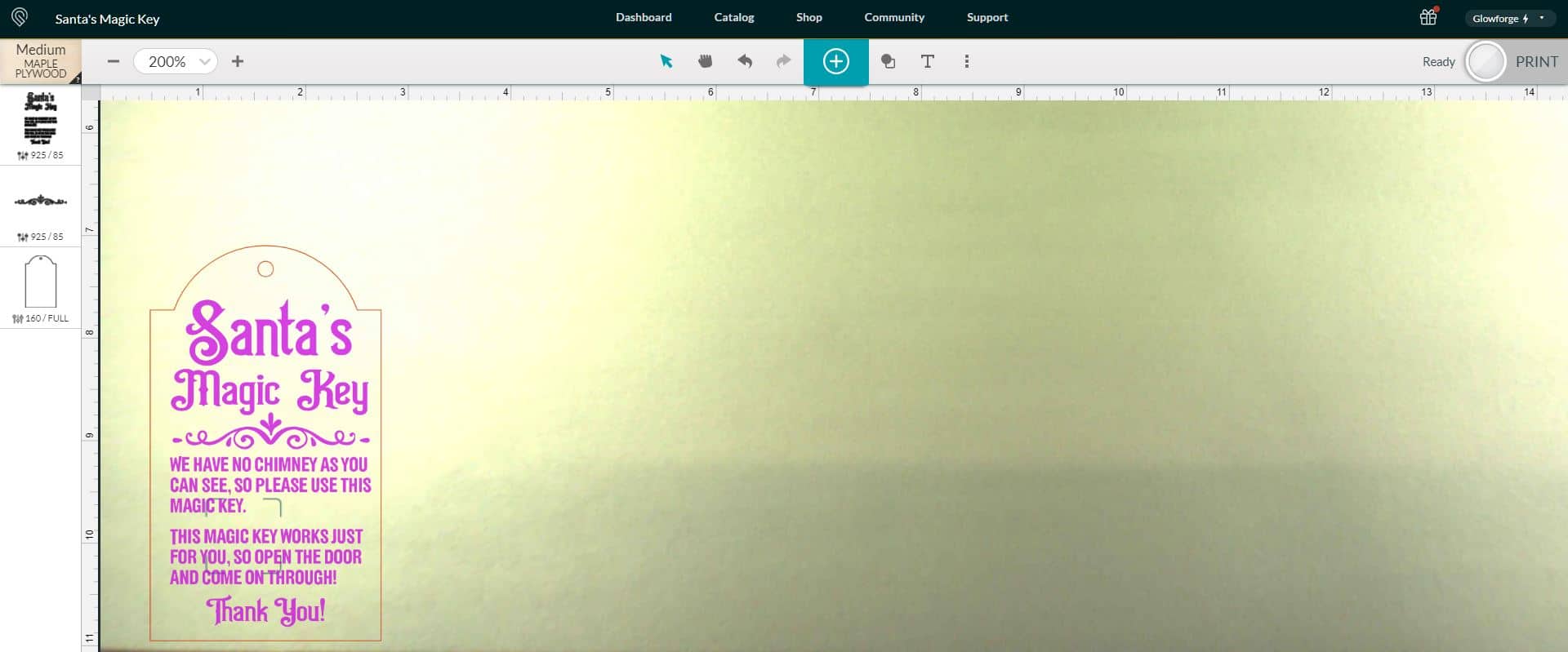 Screenshot of Glowforge App Software with Santa's Magic Key design