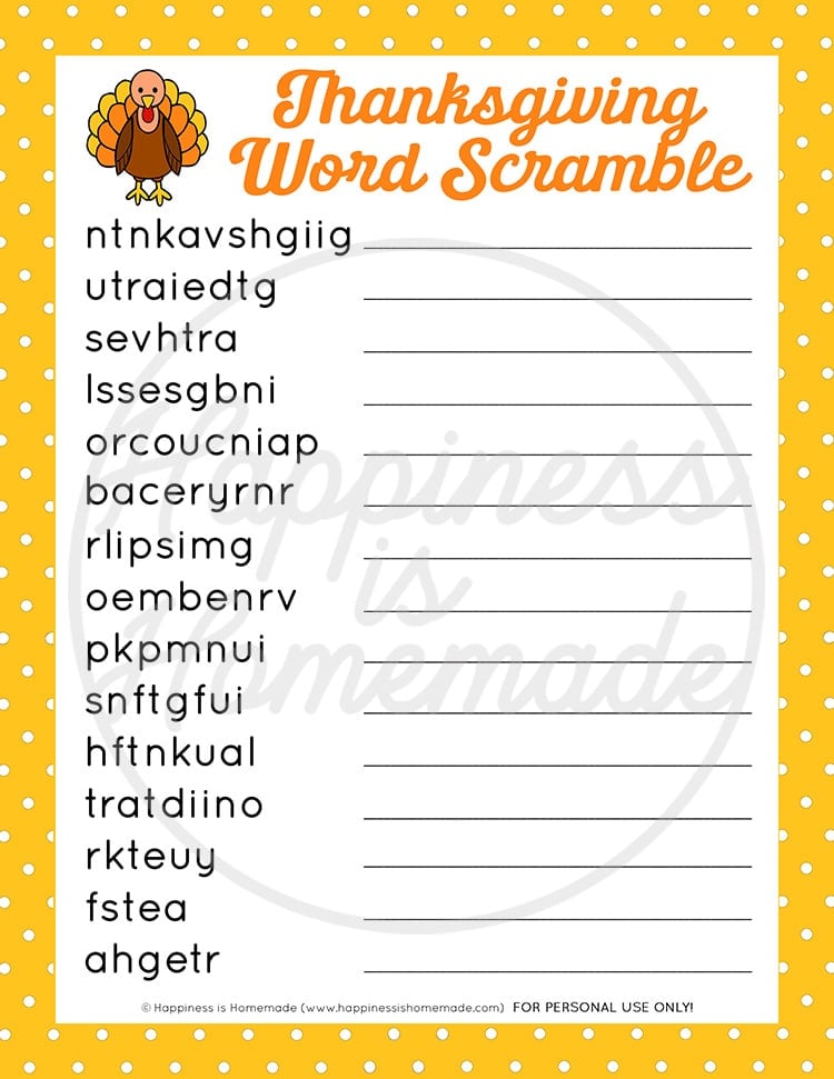 Thanksgiving Word Scramble graphic with Happiness is Homemade watermark graphic