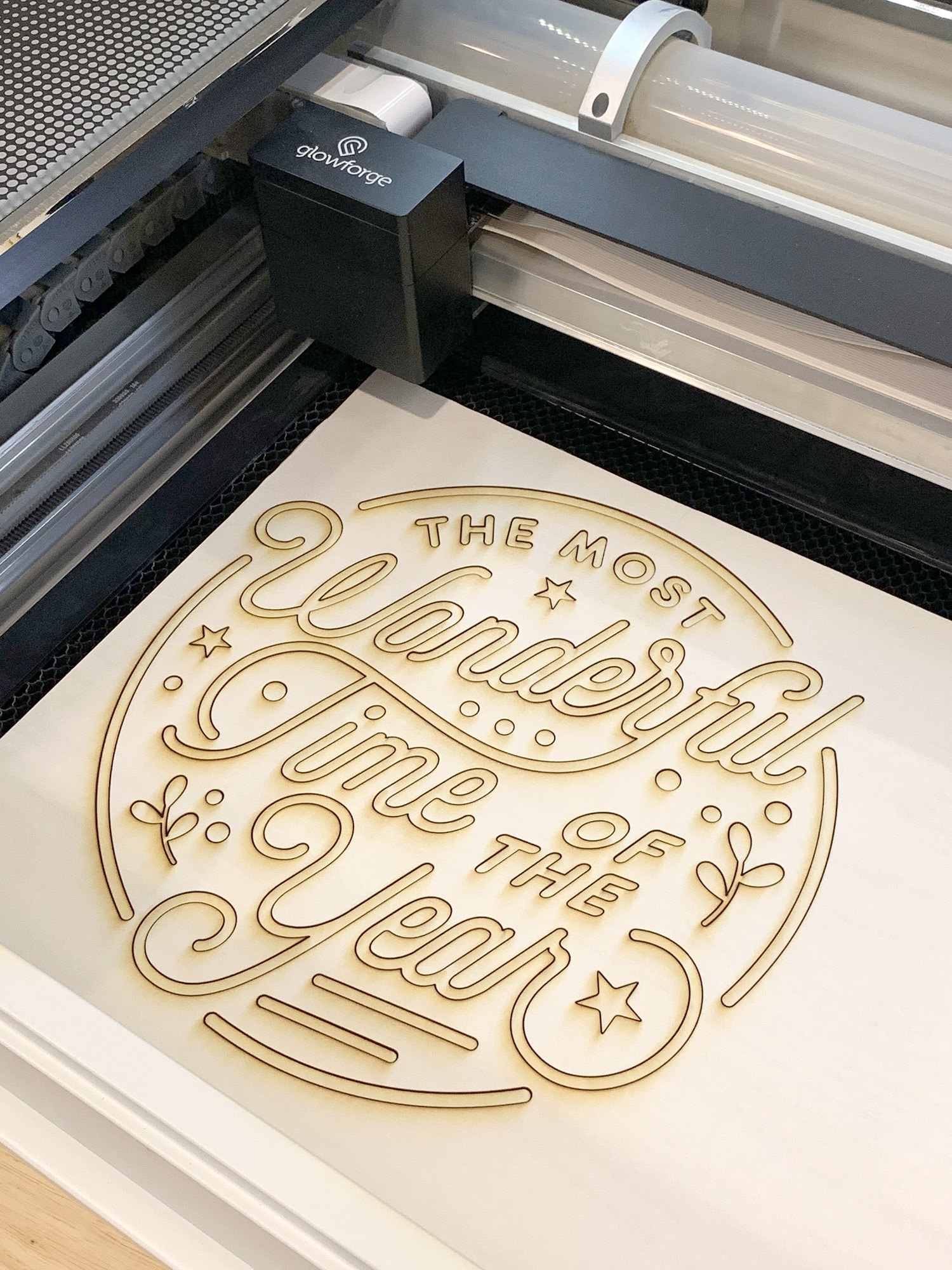 "The Most Wonderful Time of the Year" Christmas Sign Pieces in Glowforge Machine