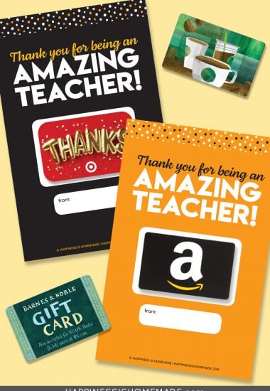 Graphic of "Thank You for Being an Amazing Teacher" printable gift card holders with gift cards on yellow background