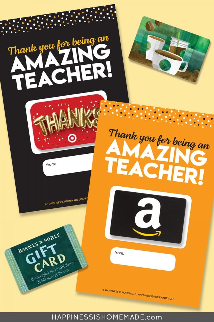 Graphic of "Thank You for Being an Amazing Teacher" printable gift card holders with gift cards on yellow background