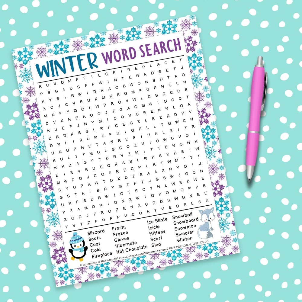 Free winter word search printable game on aqua background with white polka dots and a purple pen