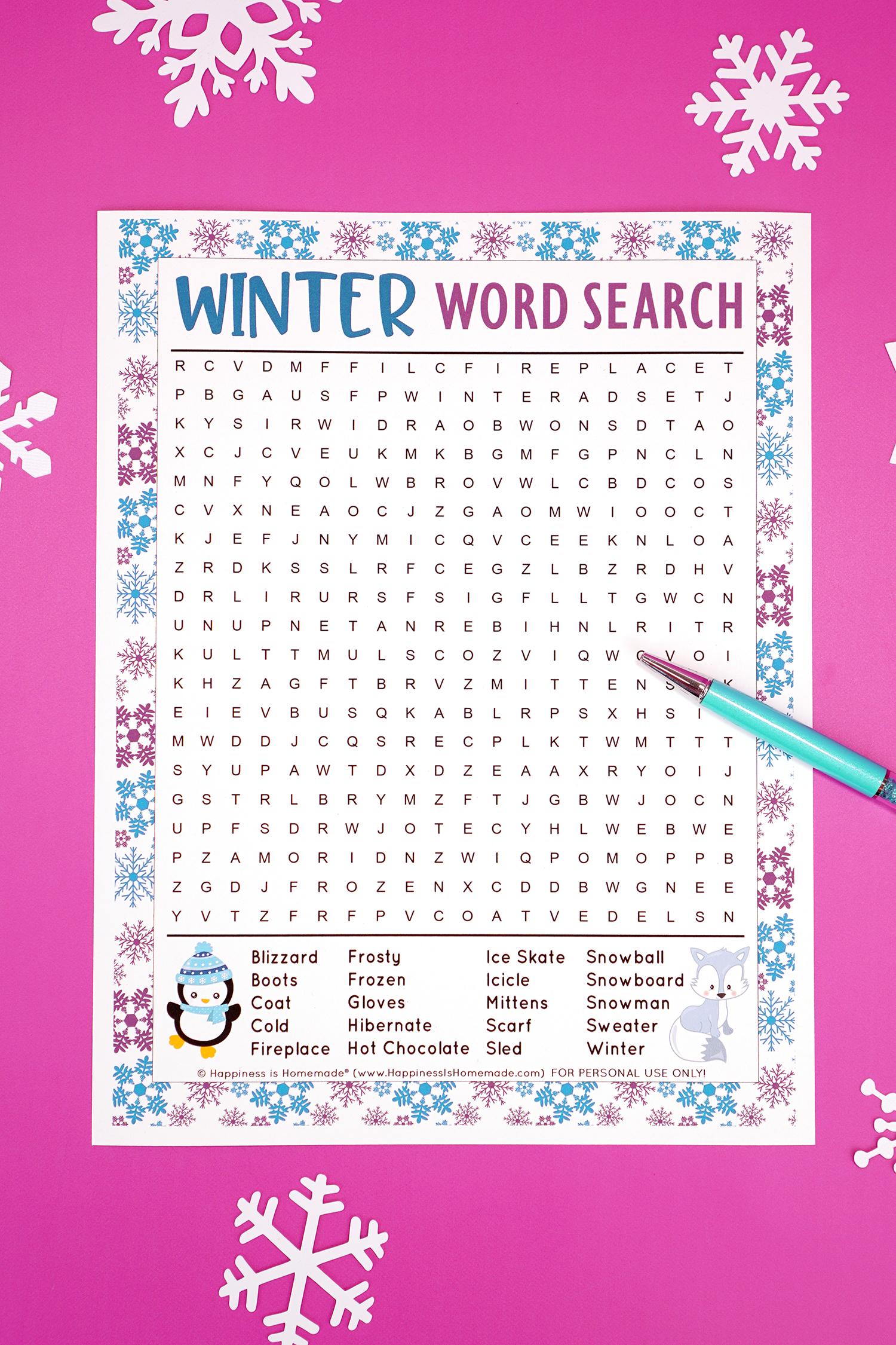 Winter word search printable puzzle on purple background with snowflakes and blue pen