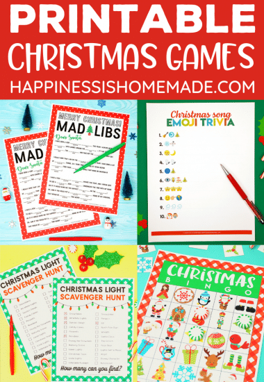 "Free Printable Christmas Games" Graphic - collage of games